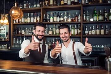 portrait of two entrepreneurs gesturing thumbs up in their bar