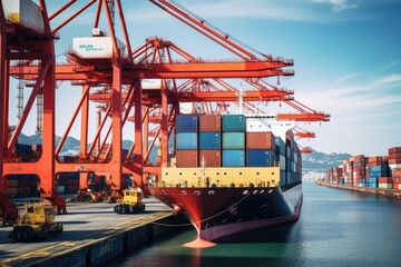 Vibrant and busy cargo port with ships, cranes, and containers