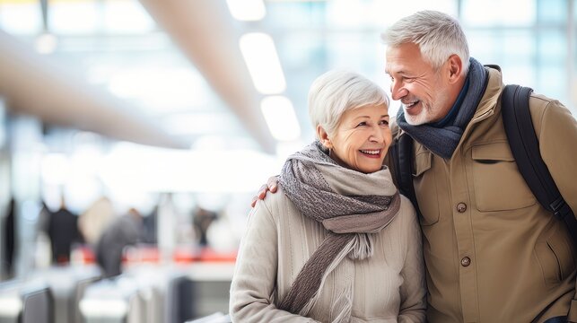 Portrait of elegant old happy couple man and woman standing together on the territory of the airport AI