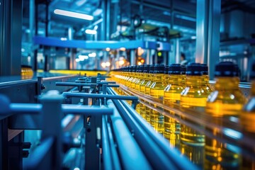 Process of beverage manufacturing on a conveyor belt at a factory.