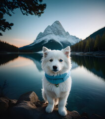 Portrait of Samoyed dog at the lake in the mountains Generative Ai