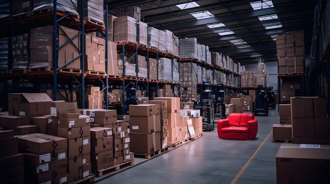 Red sofa in warehouse, funny break at work concept