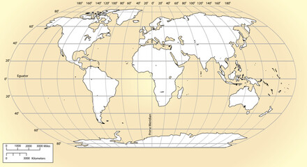 Vector map of the world with countries and a grid in the projection for a scale of 110 m.