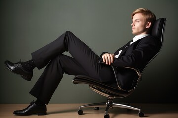 a young businessman leaning back in his chair and crossing his legs