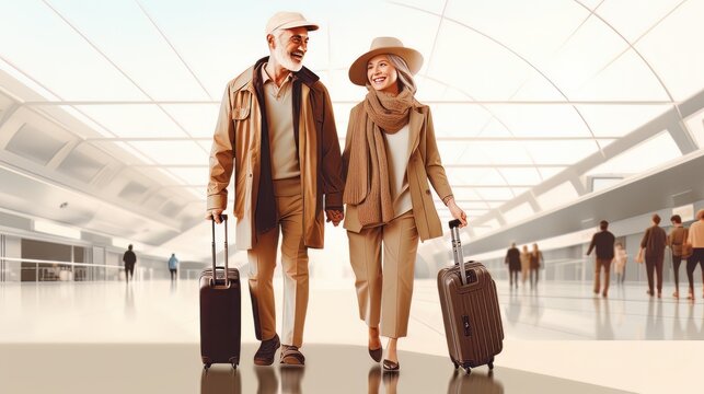 Portrait of elegant old happy couple man and woman standing together on the territory of the airport AI