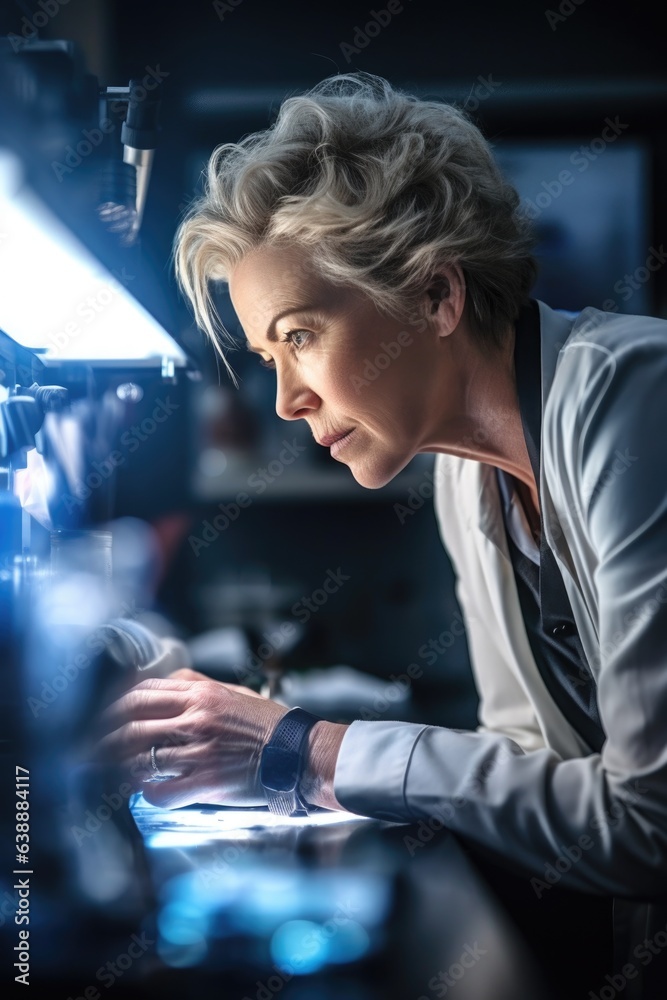 Sticker shot of a mature scientist analyzing the results of her research in a lab