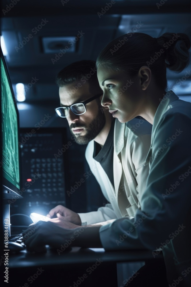 Poster shot of two scientists working together on a computer in a lab