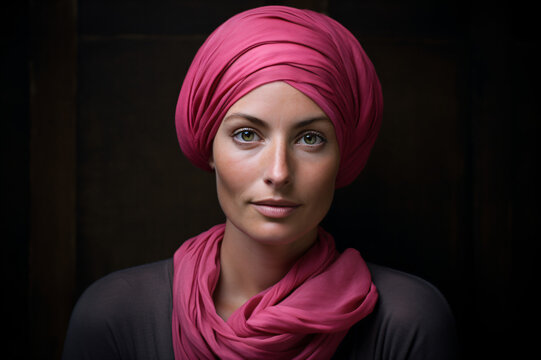Portrait of a beautiful Middle east woman with fuchsia pink tunic scarf and dark eyes. hijab, chador. Dark background