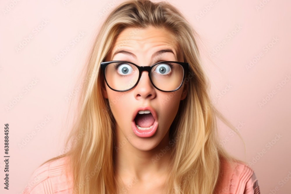 Wall mural shot of a young woman wearing glasses and looking shocked against a studio background