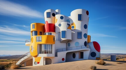 Modern house, award-winning architecture, colors, curves, wallpaper, background, Joan Mirò style