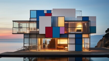 Modern house, award-winning architecture, geometric, colors, glass, wallpaper, background, Piet Mondrian