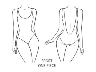 Swimwear on a woman's body.  Sport one-piece swimsuit - front and back view. Illustration on transparent background