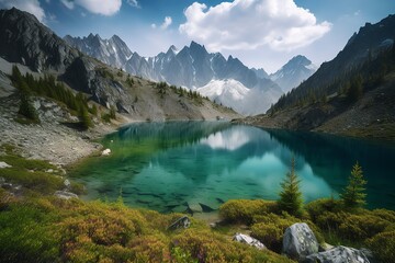 A picturesque lake encircled by rocks, featuring light turquoise and dark green hues, ethereal trees, incredibly beautiful, and meticulously detailed foliage. Generated AI.