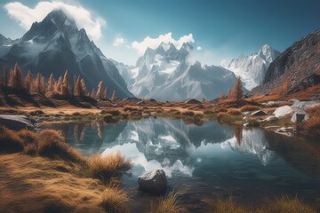 A picturesque lake encircled by rocks, featuring light turquoise and dark green hues, ethereal trees, incredibly beautiful, and meticulously detailed foliage. Generated AI.