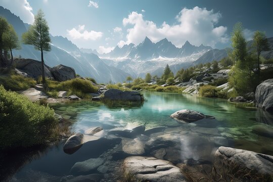 A picturesque lake encircled by rocks, featuring light turquoise and dark green hues, ethereal trees, incredibly beautiful, and meticulously detailed foliage. Generated AI.