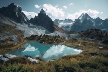 A picturesque lake encircled by rocks, featuring light turquoise and dark green hues, ethereal trees, incredibly beautiful, and meticulously detailed foliage. Generated AI.