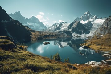 A picturesque lake encircled by rocks, featuring light turquoise and dark green hues, ethereal trees, incredibly beautiful, and meticulously detailed foliage. Generated AI.
