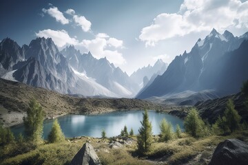 A picturesque lake encircled by rocks, featuring light turquoise and dark green hues, ethereal trees, incredibly beautiful, and meticulously detailed foliage. Generated AI.