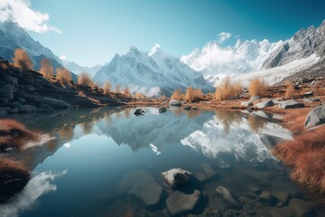 A picturesque lake encircled by rocks, featuring light turquoise and dark green hues, ethereal trees, incredibly beautiful, and meticulously detailed foliage. Generated AI.
