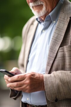 cropped shot of an elderly man using his phone outside