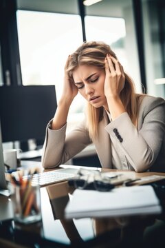 shot of a young businesswoman looking stressed out at his desk in an office