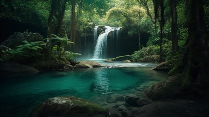 A picturesque lake encircled by rocks, featuring light turquoise and dark green hues, ethereal trees, incredibly beautiful, and meticulously detailed foliage. Generated AI.