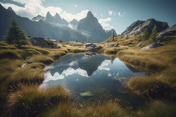 A picturesque lake encircled by rocks, featuring light turquoise and dark green hues, ethereal trees, incredibly beautiful, and meticulously detailed foliage. Generated AI.