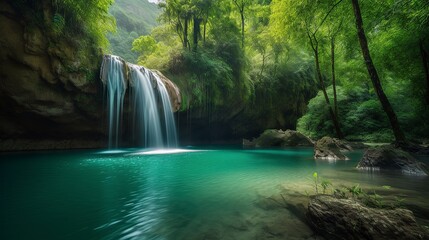 A picturesque lake encircled by rocks, featuring light turquoise and dark green hues, ethereal trees, incredibly beautiful, and meticulously detailed foliage. Generated AI.