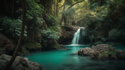 A picturesque lake encircled by rocks, featuring light turquoise and dark green hues, ethereal trees, incredibly beautiful, and meticulously detailed foliage. Generated AI.