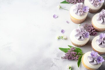 Obraz na płótnie Canvas Cupcakes decorated with wildflowers in sage green and apothecary aesthetics. Generative AI technology