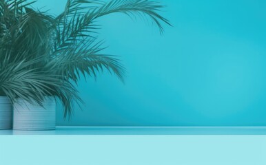 Green tropical palm leaves on blue background minimal summer concept creative flat lay