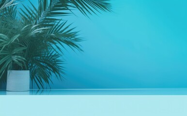 Fototapeta na wymiar Green tropical palm leaves on blue background minimal summer concept creative flat lay