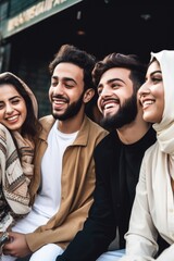 Obraz premium shot of a group of young muslims bonding and smiling together outside