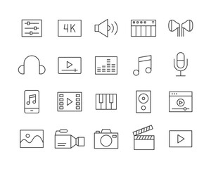 Video and Music Icons - Vector Line. Editable Stroke.