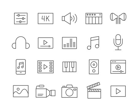 Video and Music Icons - Vector Line. Editable Stroke.