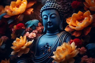 Fototapeten Blue Buddha statue between colorful flowers. zen inspiration reborn meditation religion © IgnacioJulian