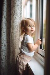 shot of an adorable little girl standing by the window at home