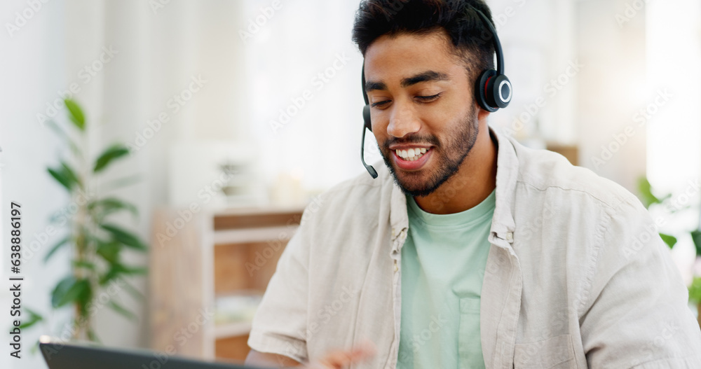 Poster explaining, remote work and call center worker with a laptop for online advice and conversation. con