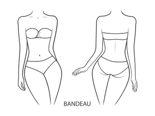 Swimwear on a woman's body.  Bandeau swimsuit - front and back view. Vector illustration isolated on white background