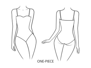 Swimwear on a woman's body.  Classic one-piece swimsuit - front and back view. Vector illustration isolated on white background