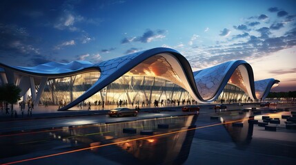 Naklejka premium A modern airport characterized by its avant-garde and spacious architecture, optimized for traveler efficiency and comfort. Generative AI