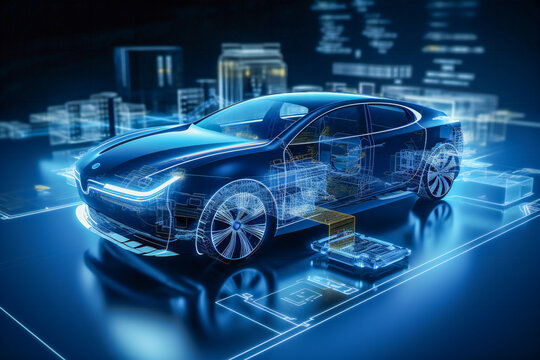 Hologram car with project infographics. Futuristic car designing concept.