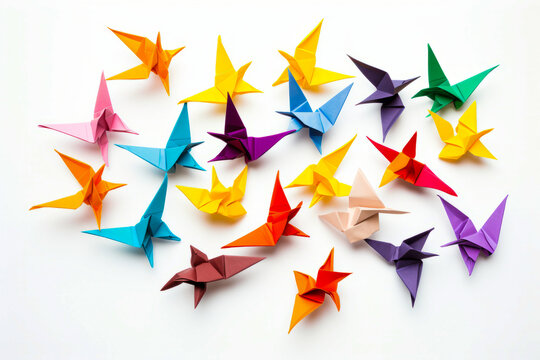 Group of origami birds on white background with white background.