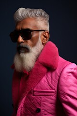 Glamorous portrait of an aged man with beard wearing glasses dressed in pink clothes on dark background.