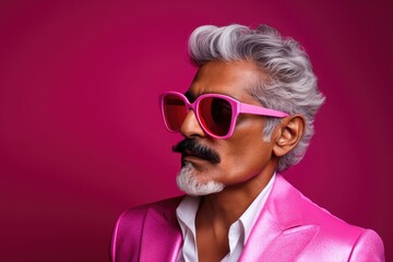 Glamorous portrait of an age old Indian man with beard wearing glasses dressed in pink clothes on pink background.