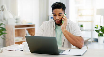 Obraz premium Phone call, work from home and man with remote job opportunity, freelance project and discussion online. Entrepreneur or indian person talking on smartphone, working on laptop and virtual planning