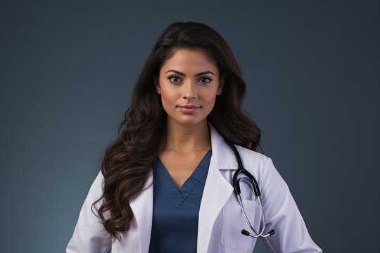 Portrait Of A Latino-American Young Female Doctor In A White Coat With A Stethoscope Against A Dark Background.