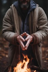 cropped shot of a man standing outside with his hands in front of fire