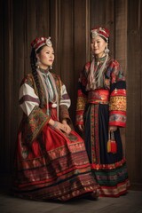 Fototapeta na wymiar shot of two women in traditional dress against a wooden backdrop