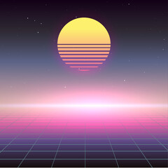Neon sunset, a digital grid foreground, and a star-studded sky. Visual journey back to 80s. Synthwave inspired graphic. Scifi futuristic vector image. Background for party flyer, techno poster.